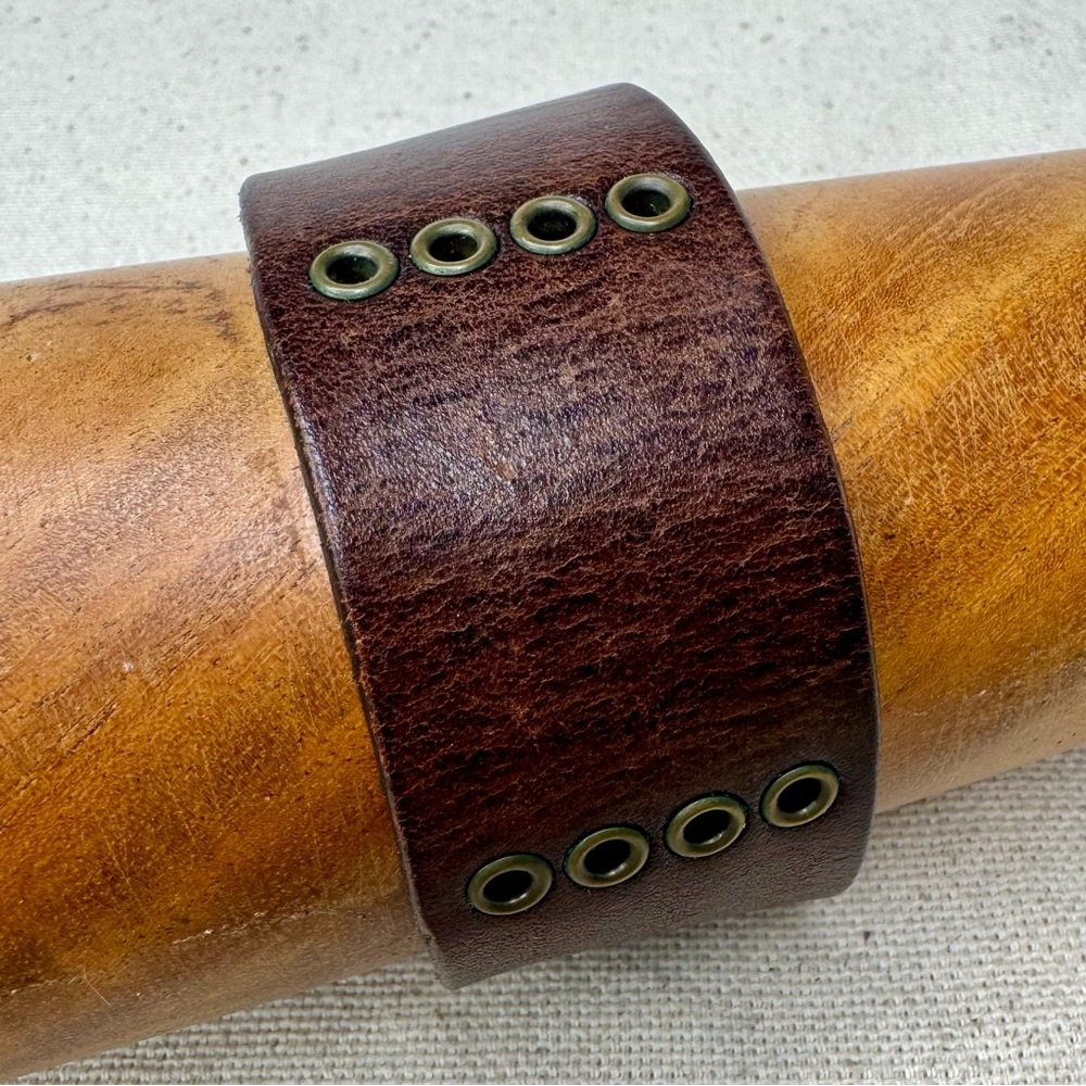 Brown Leather Cuff Bracelet with Metal Grommets Upcycle Belt